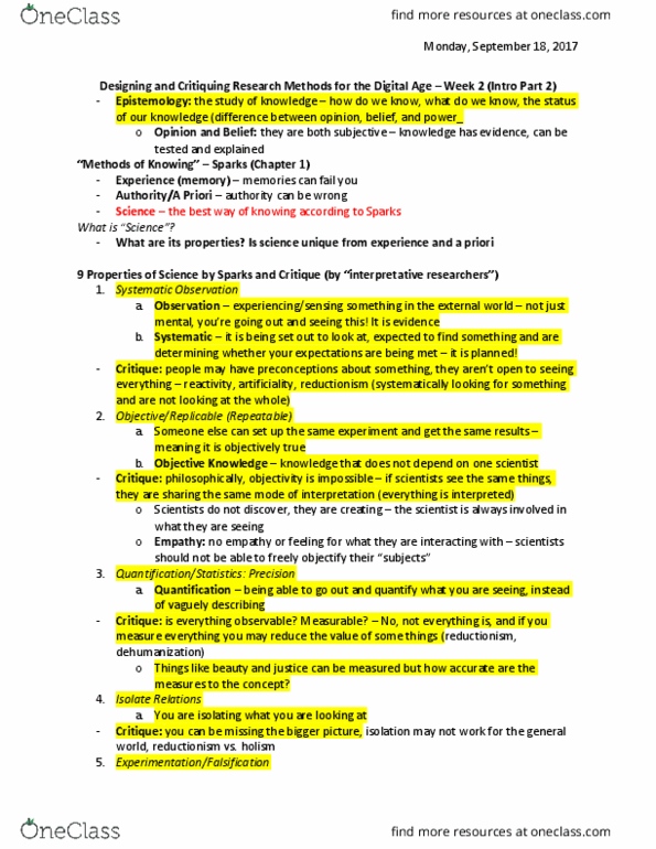 Media, Information and Technoculture 3000A/B Lecture Notes - Lecture 2: Falsifiability, Reductionism thumbnail