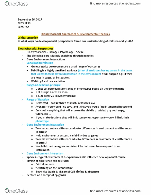 CHYS 1F90 Lecture Notes - Lecture 2: Chronotropic, Sensory Neuron, Cultural-Historical Psychology thumbnail