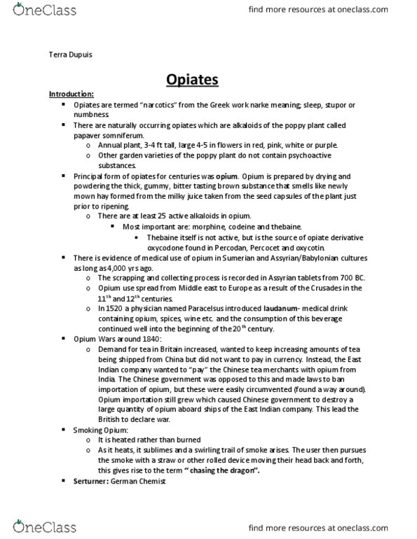 Psychology 2020A/B Chapter Notes - Chapter opiates: Hypoventilation, Opioid Receptor, Chief Operating Officer thumbnail