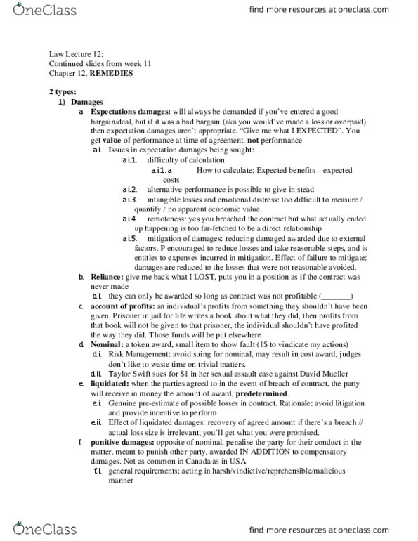 LAW 122 Lecture Notes - Lecture 12: Contractual Term, Clean Hands, Fundamental Breach thumbnail