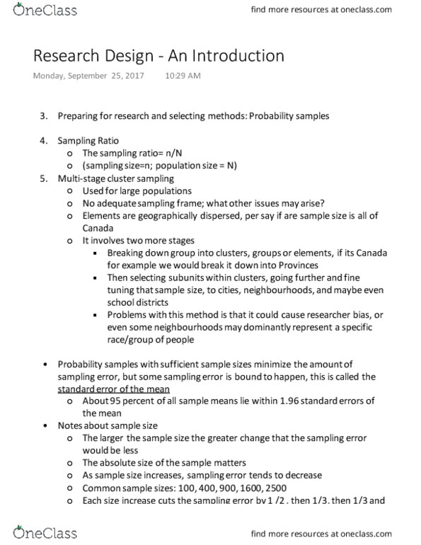 SOCIOL 2Z03 Lecture Notes - Lecture 3: Convenience Sampling, Cluster Sampling, Sampling Frame thumbnail