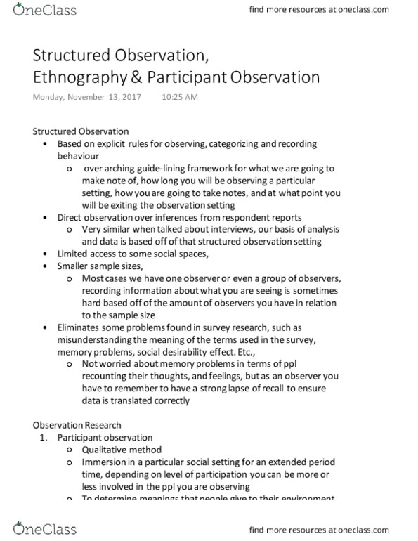 SOCIOL 2Z03 Lecture Notes - Lecture 7: Field Experiment, Participant Observation, Ethnography thumbnail