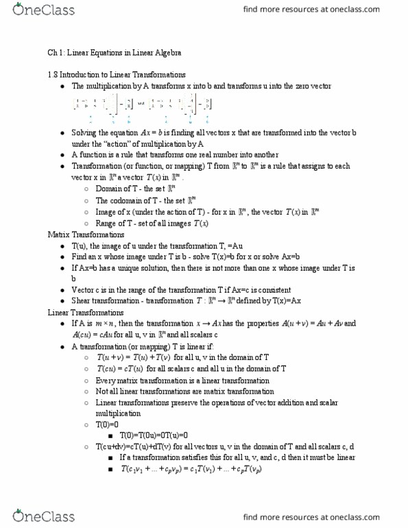 MATH 2210Q Chapter Notes - Chapter 1: Transformation Matrix, Linear Map, Scalar Multiplication thumbnail
