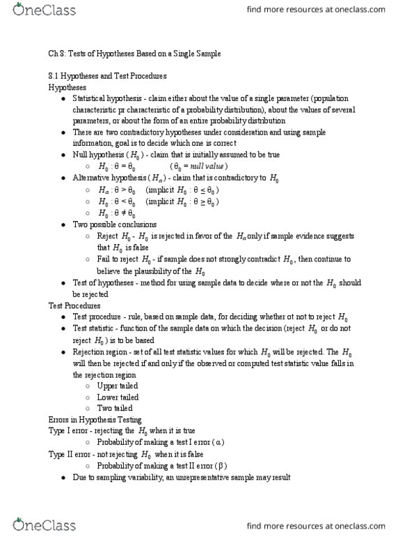 STAT 3025Q Chapter Notes - Chapter 8: Normal Distribution, Binomial Distribution, Type I And Type Ii Errors thumbnail
