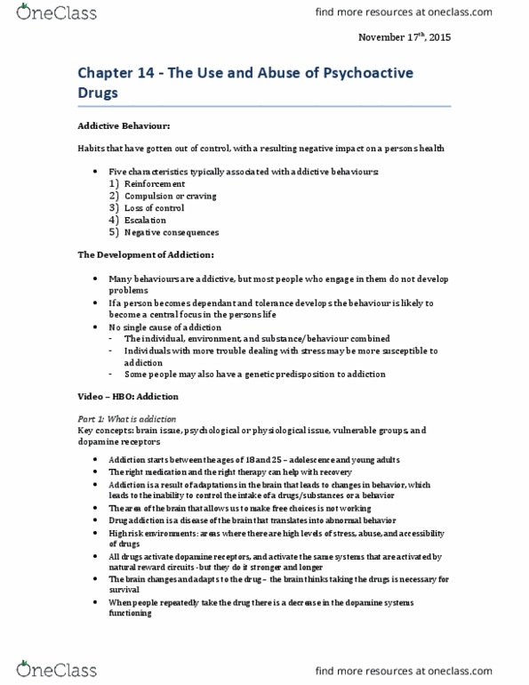 Health Sciences 1001A/B Lecture Notes - Lecture 9: Cognitive Behavioral Therapy, Addiction, Behavioral Addiction thumbnail