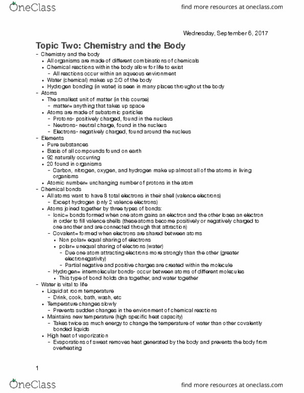 KINE 200 Lecture Notes - Lecture 2: Deoxyribose, Hemoglobin, Protein Structure thumbnail