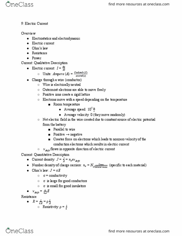 PHYS 1502Q Chapter Notes - Chapter 9: Electric Current, Number Density, Current Density thumbnail