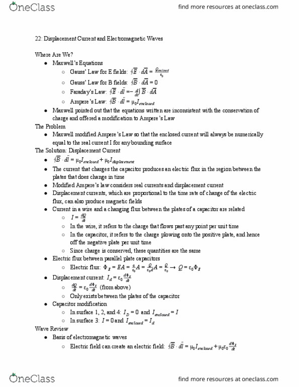 PHYS 1502Q Chapter Notes - Chapter 22: Displacement Current, Electric Flux, Plane Wave thumbnail