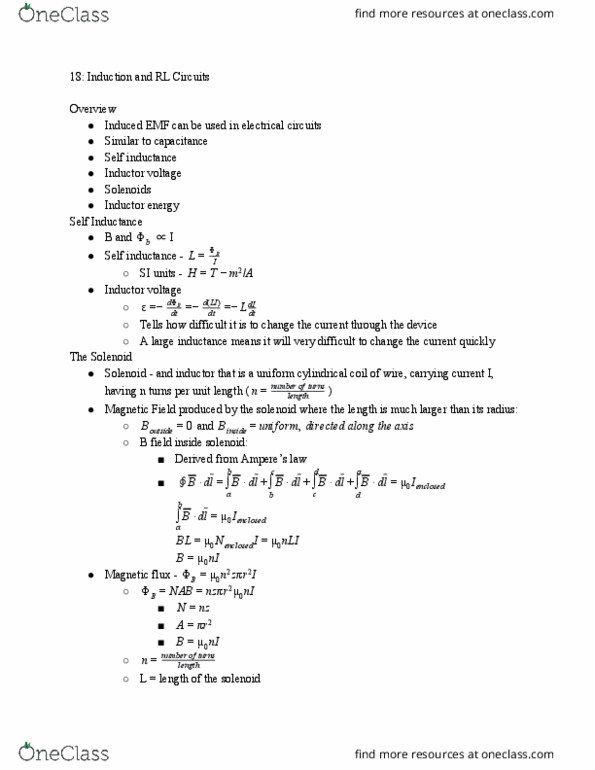 PHYS 1502Q Chapter Notes - Chapter 18: Time Constant, Rl Circuit, Solenoid thumbnail