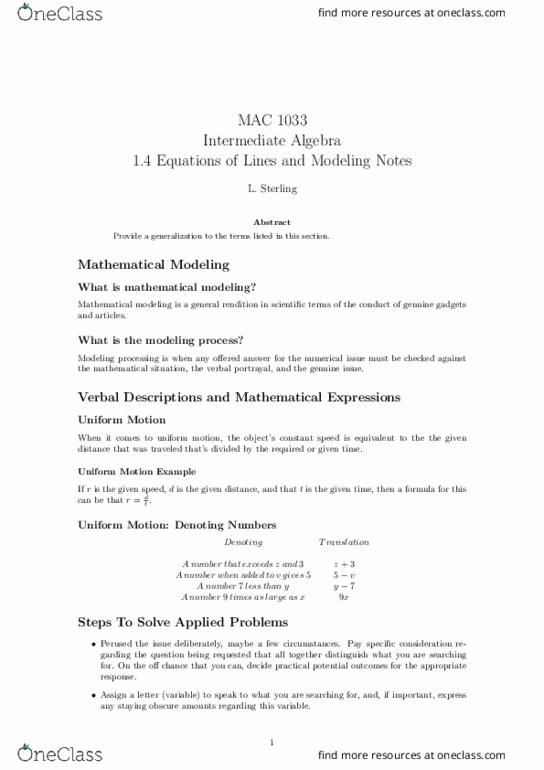 MAT1033 Lecture Notes - Lecture 4: Mathematical Model, Interest, Garding thumbnail