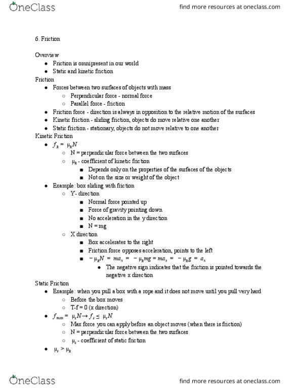 PHYS 1501Q Chapter Notes - Chapter 6, 7: One Direction, Conservative Force, Friction thumbnail