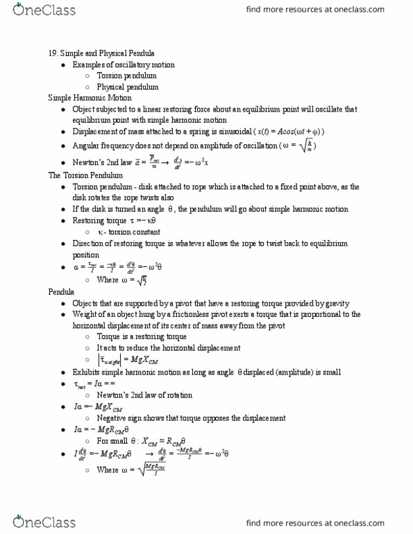 PHYS 1501Q Chapter Notes - Chapter 19: Simple Harmonic Motion, Angular Frequency, Equilibrium Point thumbnail