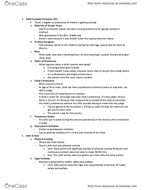 CDFS 402 Lecture Notes - Lecture 2: Equal Protection Clause, Child Custody, Tender Years thumbnail