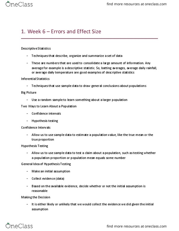 FRHD 3070 Lecture Notes - Lecture 6: Statistical Parameter, Type I And Type Ii Errors, Null Hypothesis thumbnail