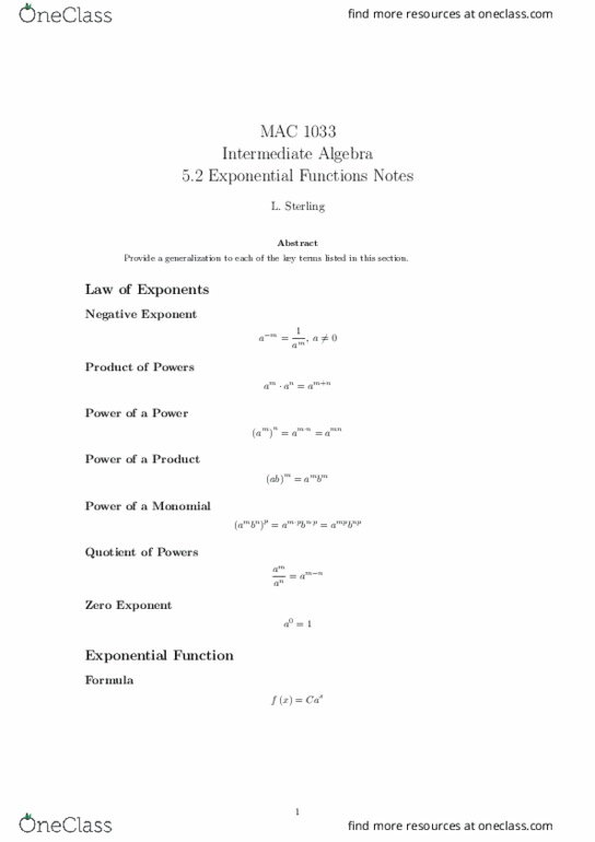 MAT1033 Lecture Notes - Lecture 22: Real Number, Exponentiation, Monomial thumbnail