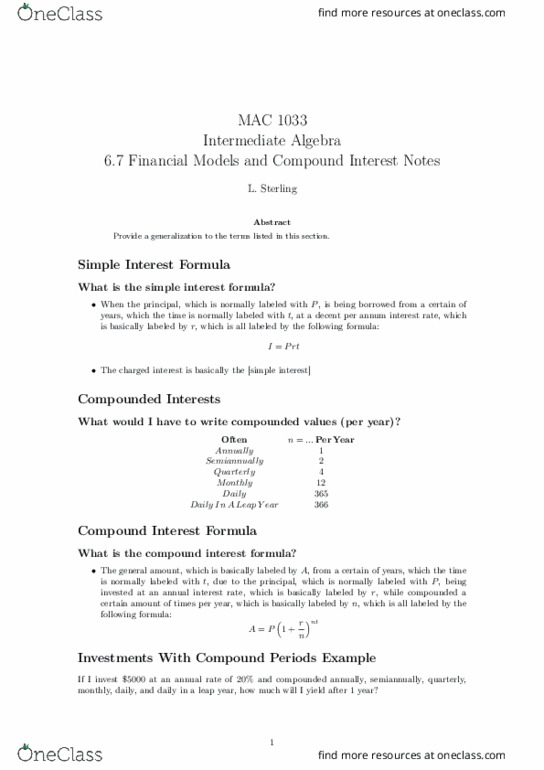MAT1033 Lecture Notes - Lecture 29: Motorola 68020, Economic Model, Interest thumbnail