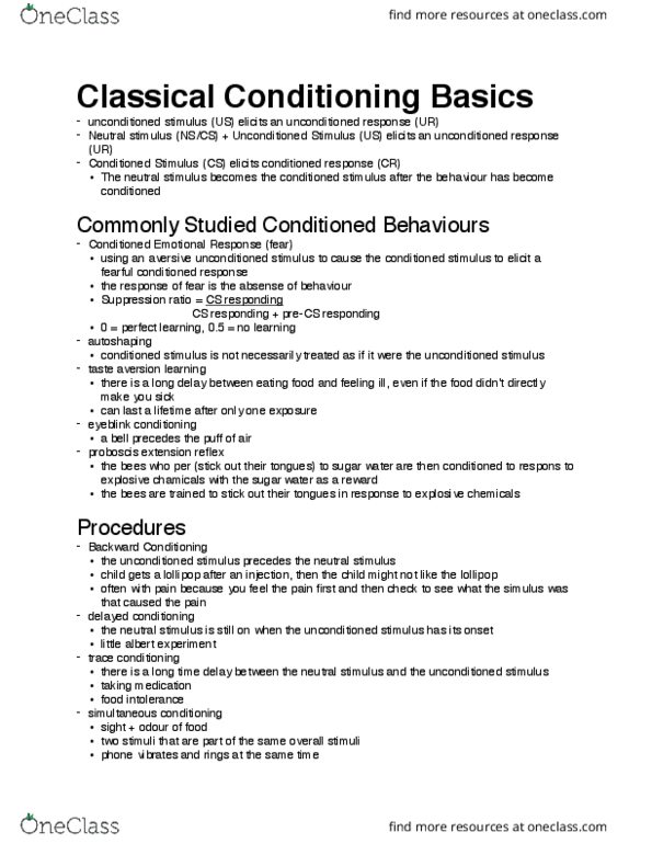PSYC 3410 Lecture Notes - Lecture 2: Classical Conditioning, Eyeblink Conditioning, Conditioned Taste Aversion thumbnail