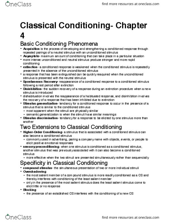 PSYC 3410 Chapter Notes - Chapter 4: Classical Conditioning, Disinhibition, Dishabituation thumbnail