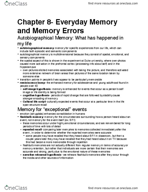 PSYC 2230 Chapter Notes - Chapter 8: Source-Monitoring Error, Autobiographical Memory, Duke University thumbnail