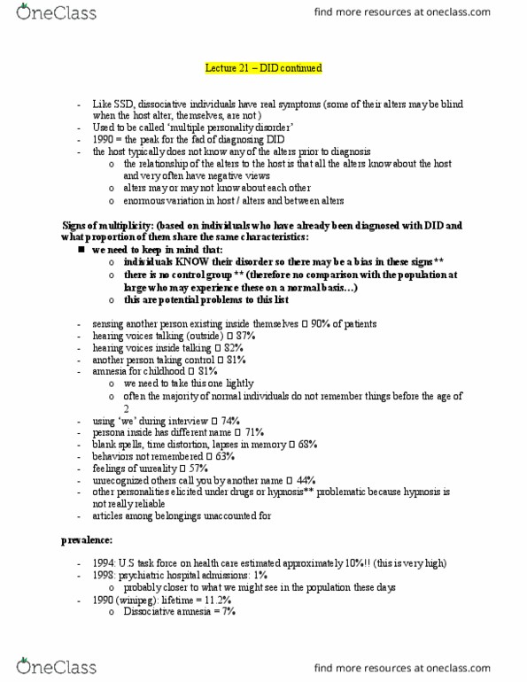 PSYCH 2AP3 Lecture Notes - Lecture 21: Posttraumatic Stress Disorder, Depersonalization, Ernest Hilgard thumbnail