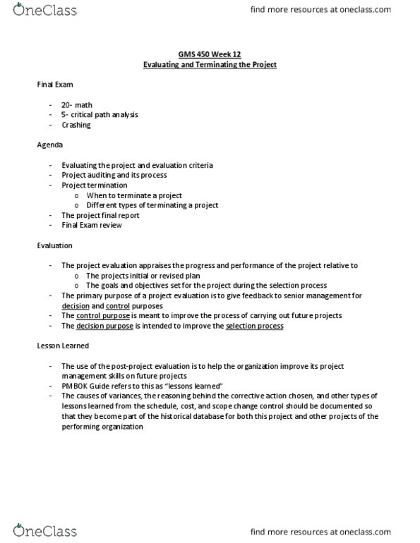 GMS 450 Lecture Notes - Lecture 12: Project Charter, Feasibility Study, Financial Audit thumbnail