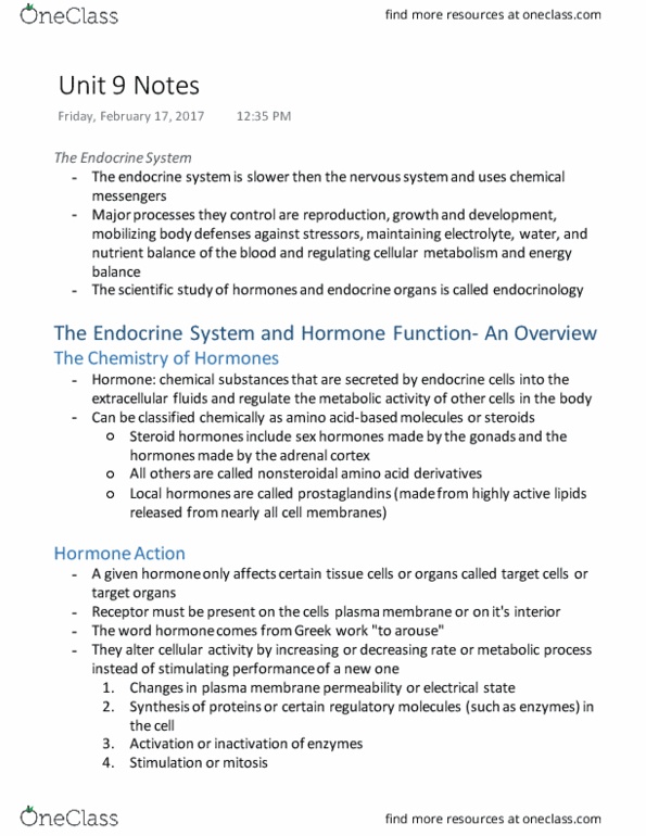 BIOM 2000 Chapter The Endocrine System: Unit 9 Notes (Online Class) thumbnail