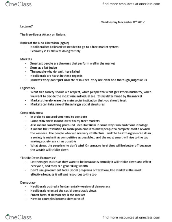 LABRST 2A03 Lecture Notes - Lecture 7: Thatcherism, Elitism, Class War thumbnail