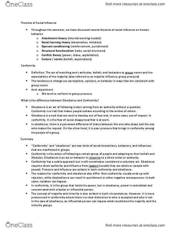 SOC 1305 Lecture Notes - Lecture 11: Peer Pressure, Social Influence, Attachment Theory thumbnail