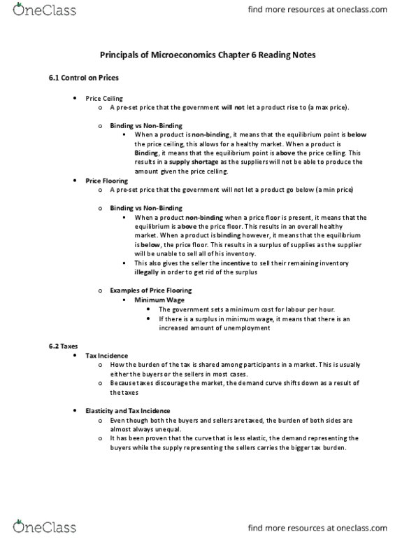 ECON 1000 Chapter Notes - Chapter 6: Demand Curve, Price Ceiling, Price Floor thumbnail