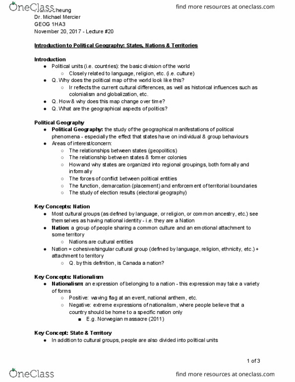 GEOG 1HA3 Lecture Notes - Lecture 20: Tibetan People, Nationstates, Geopolitics thumbnail