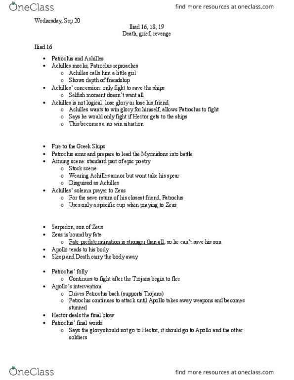 CLASSICS 1B03 Lecture Notes - Lecture 16: Aristeia, Myrmidons, Sarpedon thumbnail
