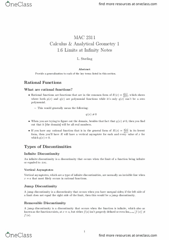 MAC2311 Lecture Notes - Lecture 7: Classification Of Discontinuities, Asymptote thumbnail