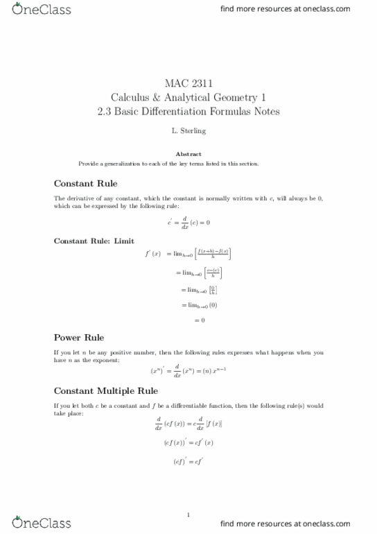 MAC2311 Lecture Notes - Lecture 10: Quotient Rule, Product Rule, Trigonometric Functions thumbnail