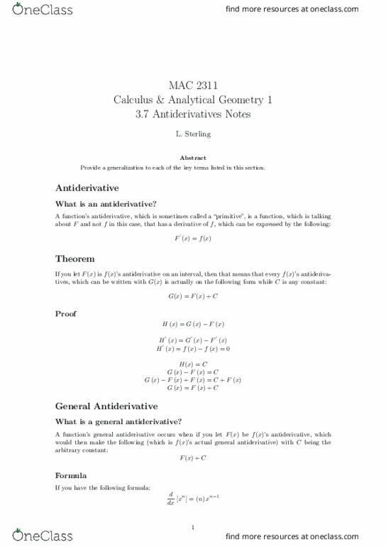 MAC2311 Lecture Notes - Lecture 23: Antiderivative thumbnail