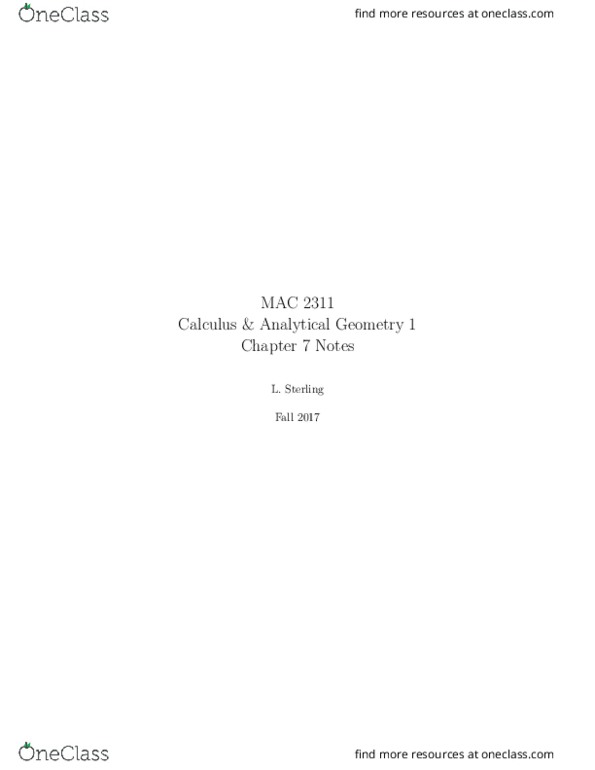MAC2311 Chapter Notes - Chapter 7: Semicircle, Hypotenuse, Riemann Integral thumbnail