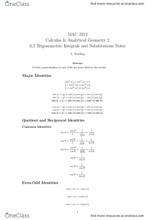 MAC2312 Lecture 9: 6.2 Trigonometric Integrals and Substitutions Notes thumbnail