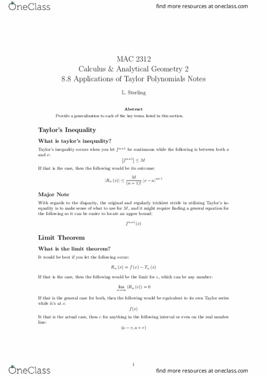 MAC2312 Lecture 24: 8.8 Applications of Taylor Polynomials Notes thumbnail