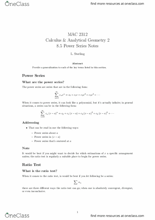 MAC2312 Lecture Notes - Lecture 21: Joule, Ratio Test thumbnail