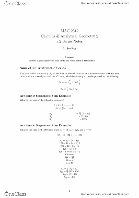 MAC2312 Lecture Notes - Lecture 18: Arithmetic Progression, Geometric Series thumbnail
