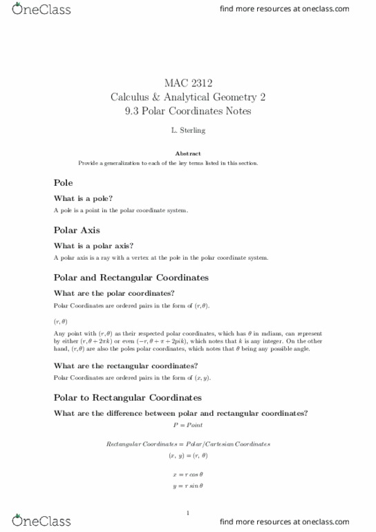 MAC2312 Lecture Notes - Lecture 27: Cartesian Coordinate System, Polar Coordinate System thumbnail