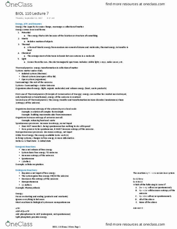 BIOL 11000 Lecture Notes - Lecture 7: Atp Hydrolysis, Hydrolysis, Glutamine thumbnail