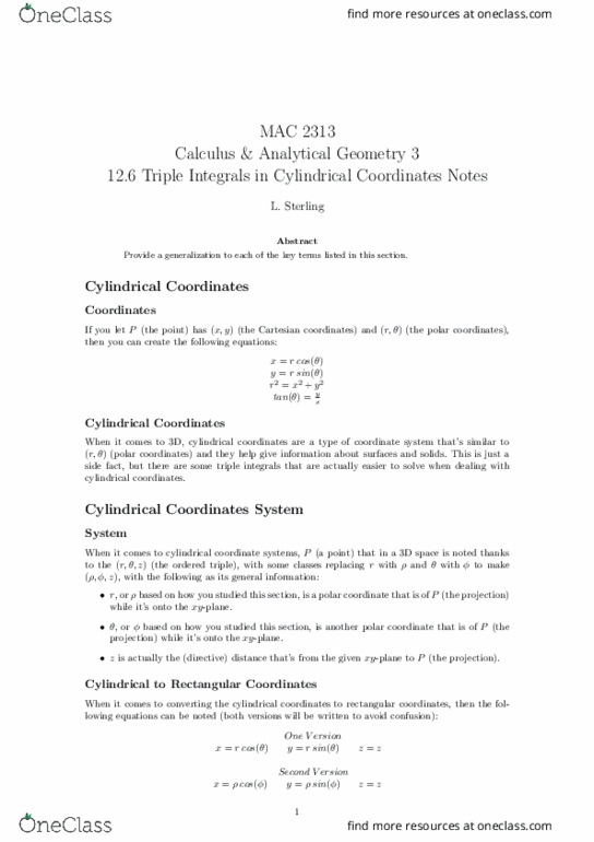 MAC2313 Lecture Notes - Lecture 23: Multiple Integral, Cylindrical Coordinate System, Cartesian Coordinate System thumbnail