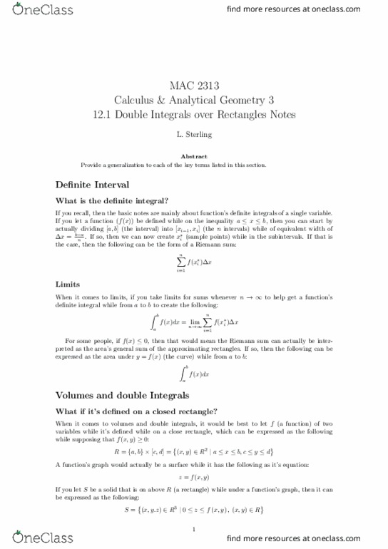 MAC2313 Lecture Notes - Lecture 18: Riemann Sum, Multiple Integral, Equivalent Width thumbnail