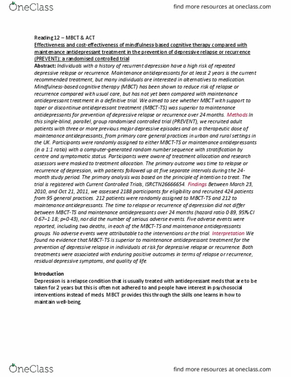 KINE 4370 Chapter Notes - Chapter 12: Randomized Controlled Trial, Major Depressive Episode, Cognitive Therapy thumbnail