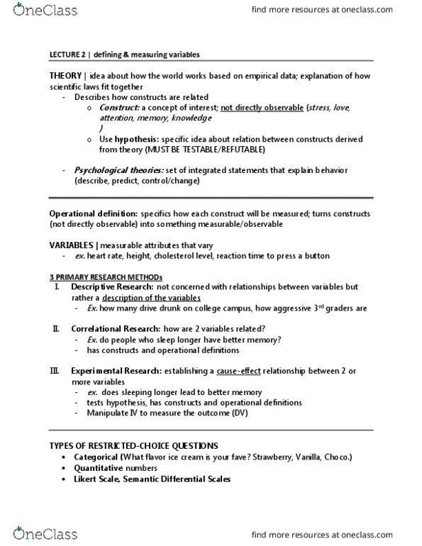 PSY 313 Lecture Notes - Lecture 2: Dream Interpretation, Likert Scale, Operational Definition thumbnail