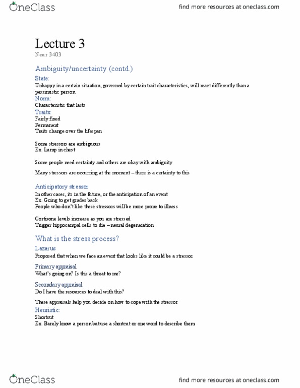 NEUR 3403 Lecture Notes - Lecture 3: Emotional Expression, Daniel Kahneman, Cognitive Behavioral Therapy thumbnail