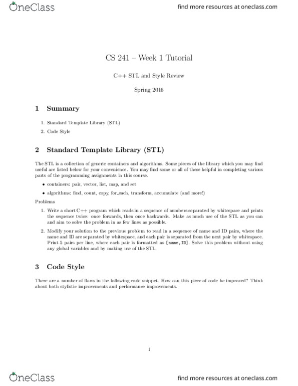 CS241 Lecture Notes - Lecture 1: Iterator, Standard Template Library thumbnail