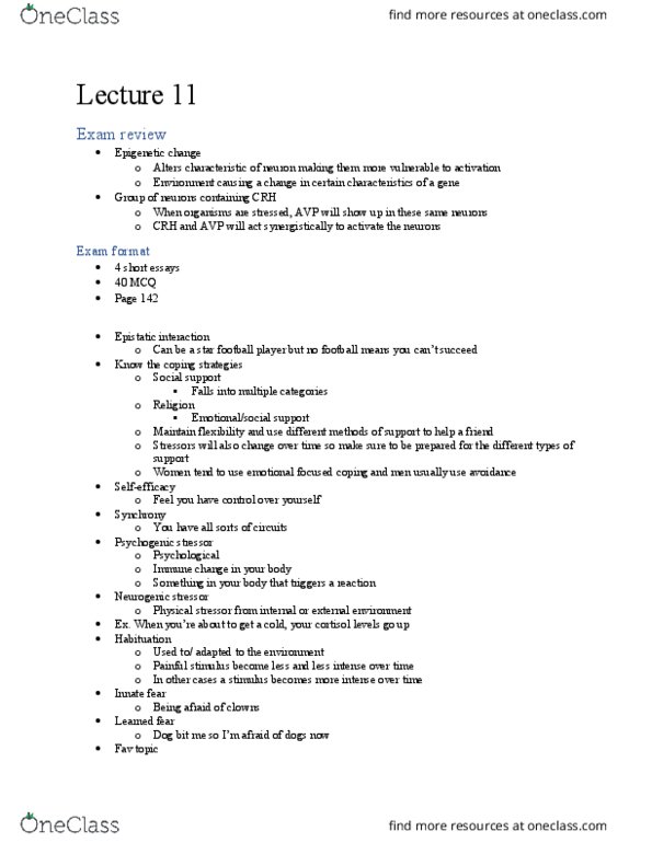 NEUR 3403 Lecture Notes - Lecture 11: Dementia, Cortisol, Habituation thumbnail