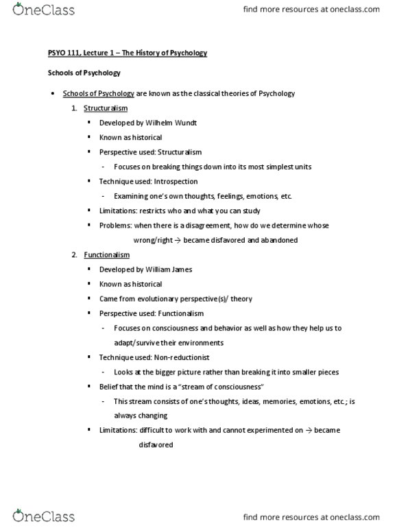 PSYO 111 Lecture Notes - Lecture 1: Wilhelm Wundt, Behaviorism thumbnail