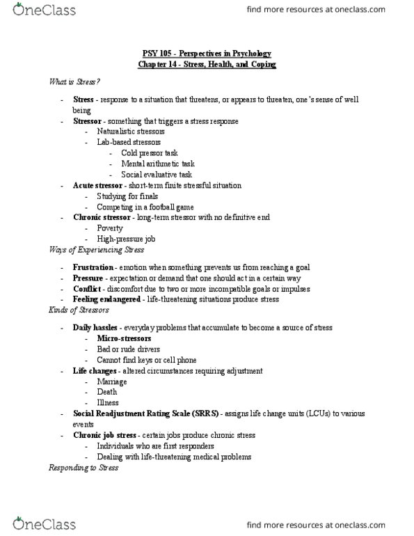 PSY 105 Chapter Notes - Chapter 14: Cytokine, Explanatory Style, Psychoneuroimmunology thumbnail